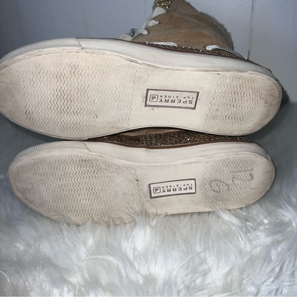 Sprerry Top Sider Acklins Tan Corduroy Gold Glitter Lace Up Boots 7 - Picture 10 of 14